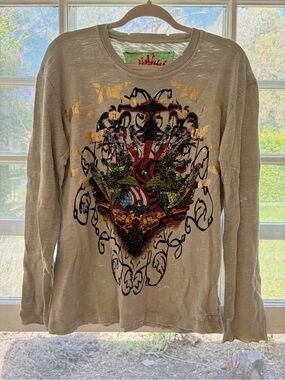 ANAMA Y2K Graphic Long-Sleeve Crewneck Top - Light Green with Multicolor Print